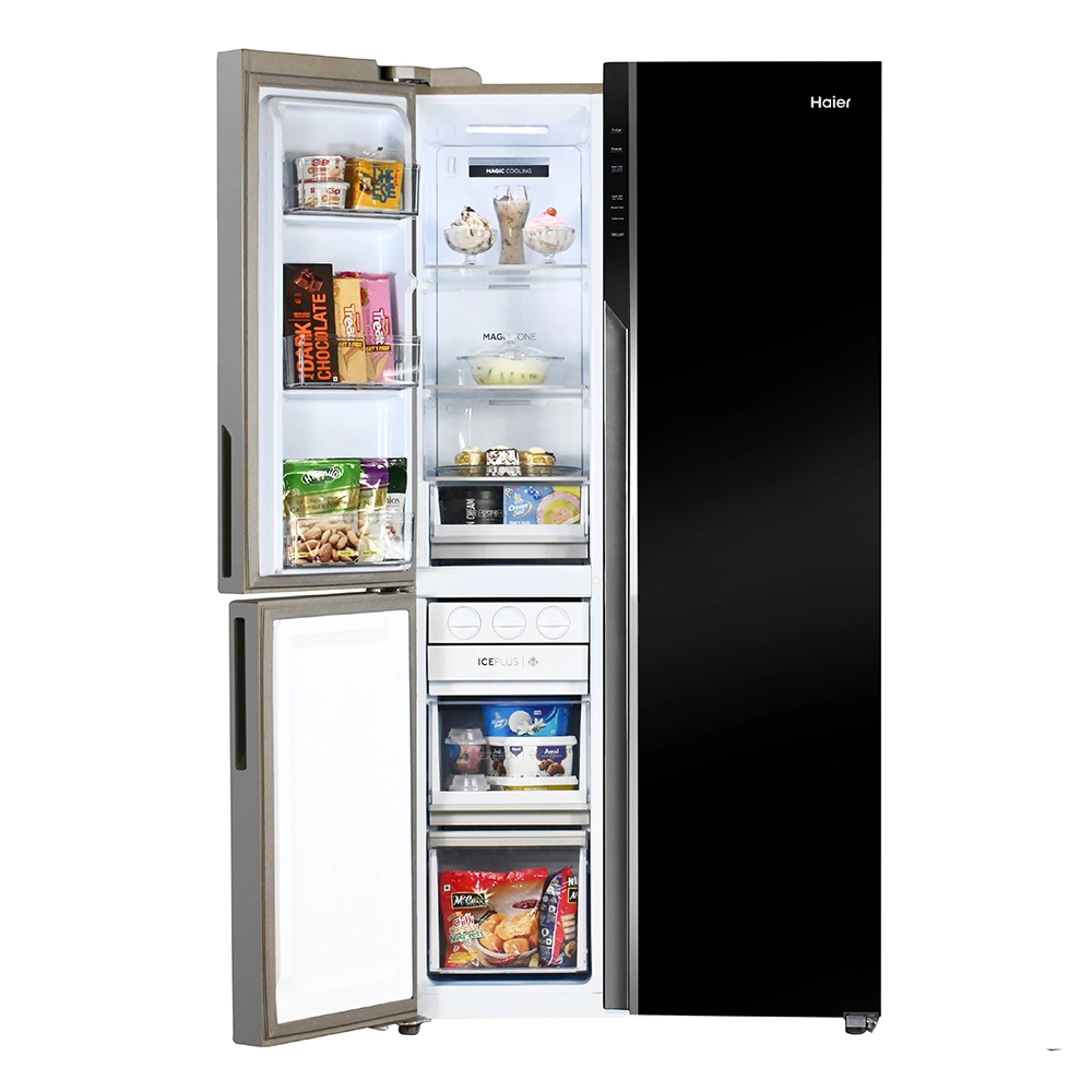 Haier Vogue Series 598L , Black White Glass Finish 3 Door Convertible Side By Side Refrigerator HRT-683KWG